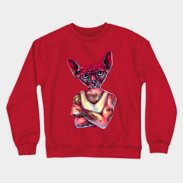 Sphynx Tattoed Cat Pink Crewneck Sweatshirt by fakeface